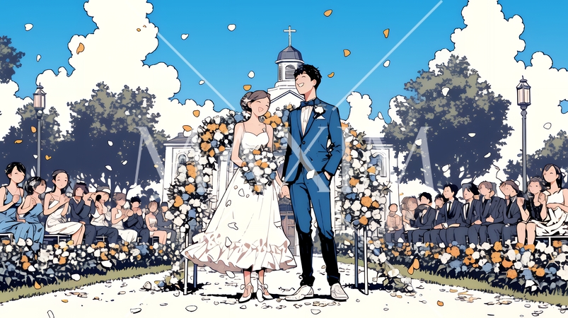 晴天の日のウェディングベルの鳴り響く中の結婚式