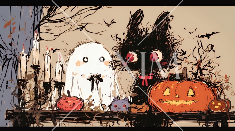 キモかわいいハロウィーンキャラクター（クレヨンと水彩画風）