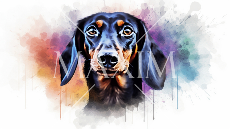 黒毛のダックスフンドの水彩画