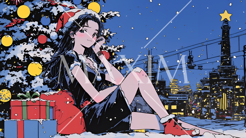 ホワイトクリスマスの街を歩く若い女性