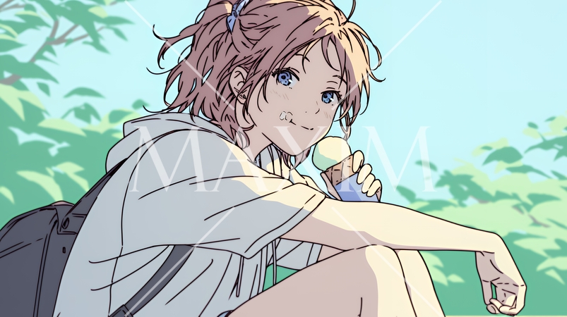 夏空の下でソフトクリーム（コーンに乗ったアイスクリーム）をたべる若い女性（シンプルな色使い）