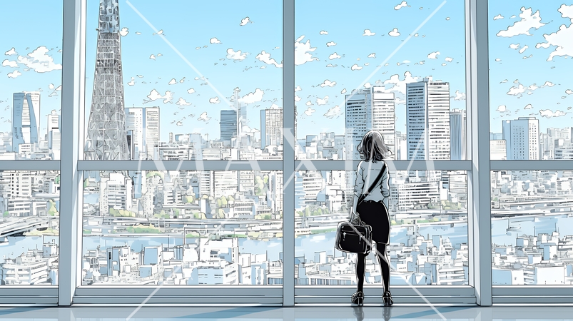 高層ビル群を見下ろすキャリア女性