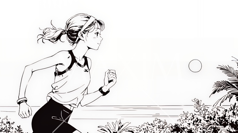 夕方の海を背景にジョギングをする若い女性（シンプルな色使い）