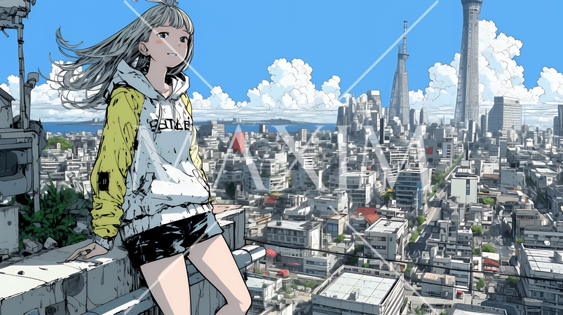 都市のランドスケープを眺めている若い女性