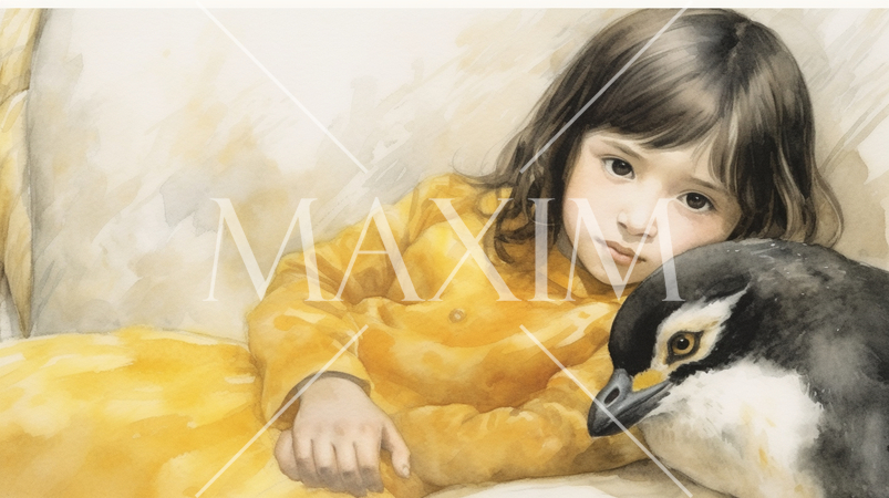 少女とペンギンの水彩画：小学校1年生のかわいい少女とペンギンが仲良し