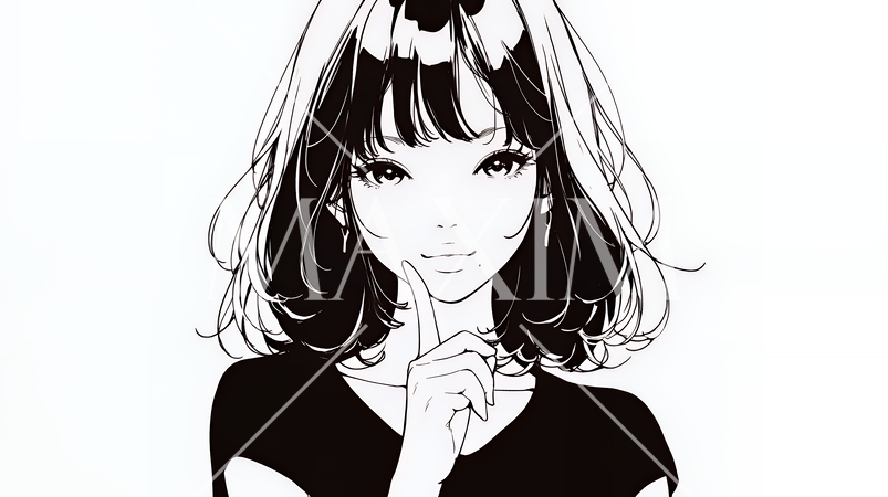 指を唇に当てて「シーShh」というジェスチャーをしている女性（シンプルな色使い）