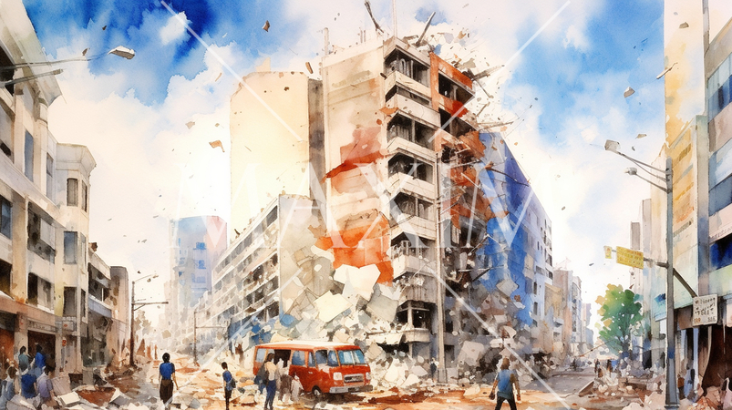 都市を直撃する地震：都市直下型地震の水彩画