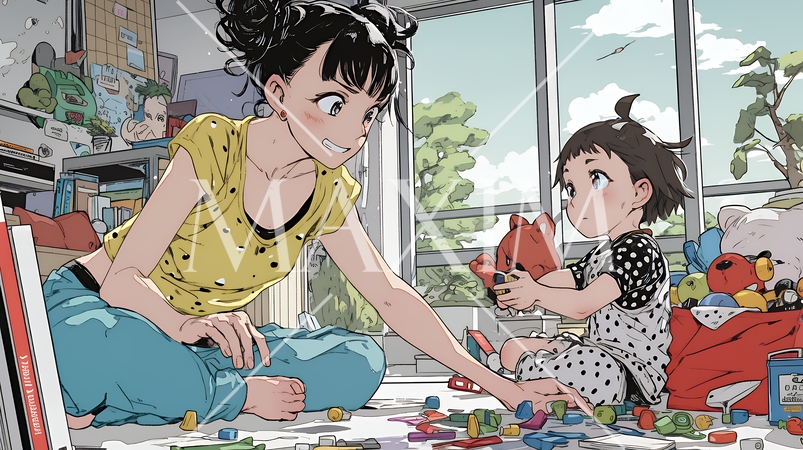 家の中で子どもと遊んでいる若い母親