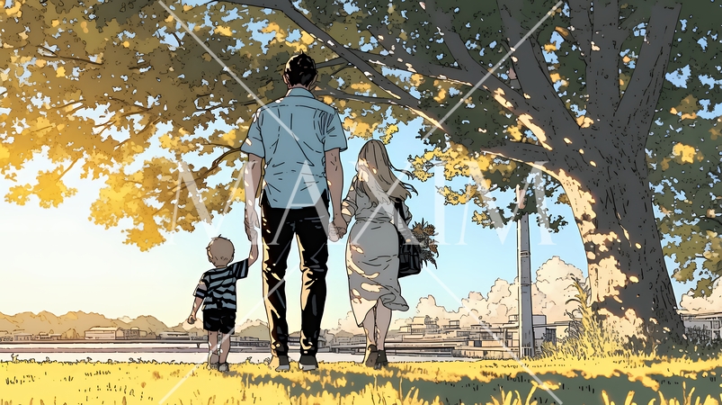 仲の良い家族：父親、母親、その子どもが仲良く連れ立って歩いている
