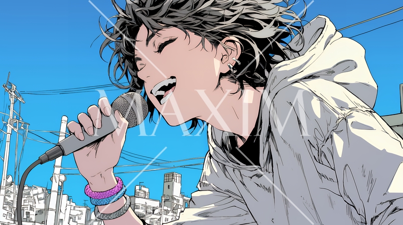 ステージでマイクを握り、情熱的に歌い上げる男性