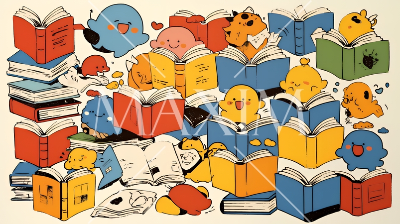 みんな本が大好き：読書週間や読書を促すためのかわいい挿絵・背景画