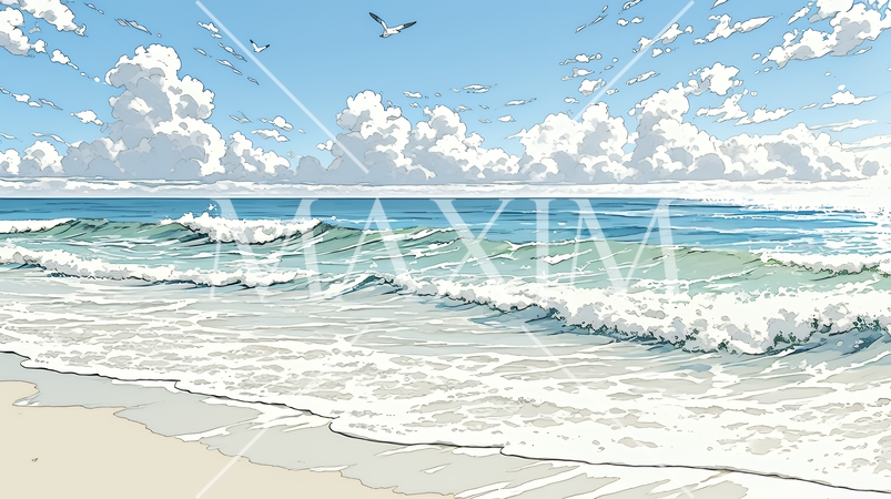 夏の海と空と白い浜辺