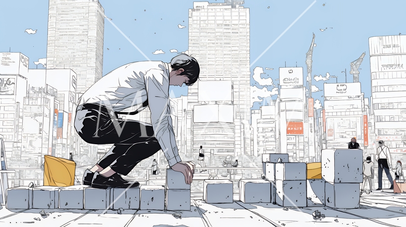 コンクリートブロックを積み上げているビジネスマン：計画の段階的積み重ねの比喩