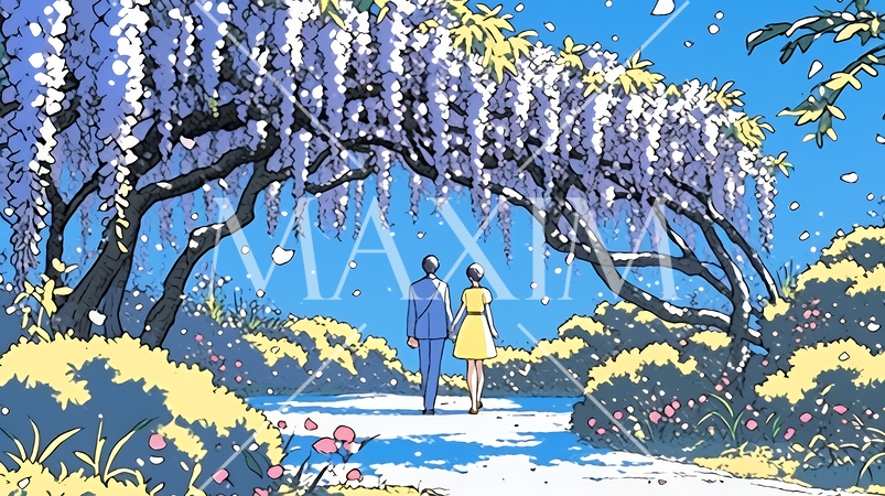 満開の藤の木の下でデートをしている若いカップル