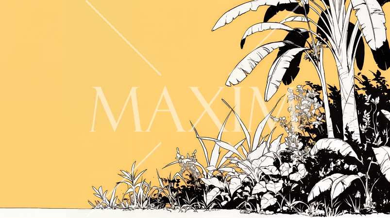 南の国の日没と熱帯植物のシルエット