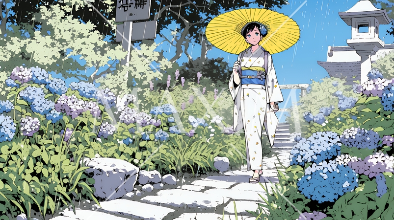 あじさいの小径を和服で歩く若い女性