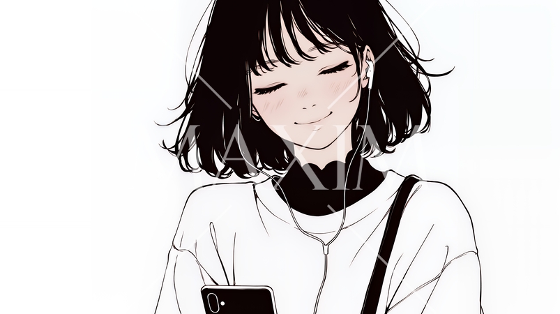 楽しそうにスマホ画面を眺めている若い女性（シンプルな色使い）