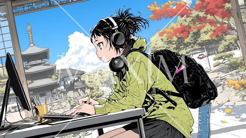 美しい紅葉の中でもPCを手放せない若い女性