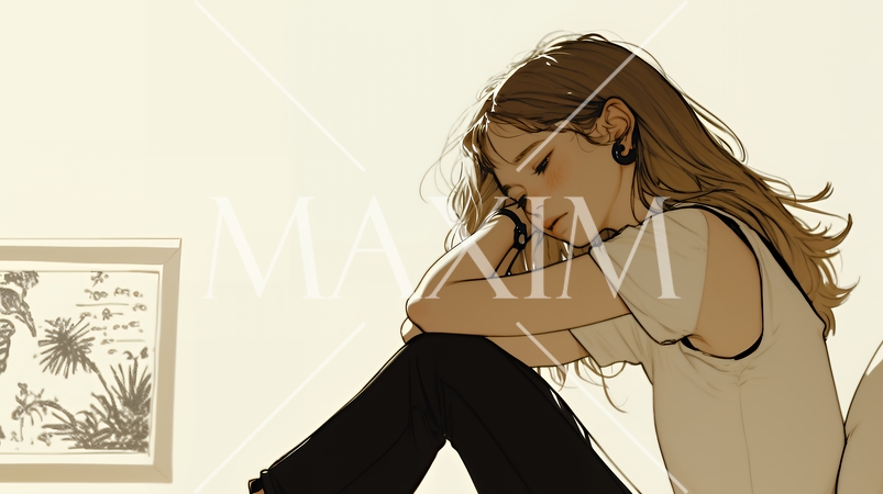 腹痛（生理痛）に苦しむ若い女性（シンプルな色使い）