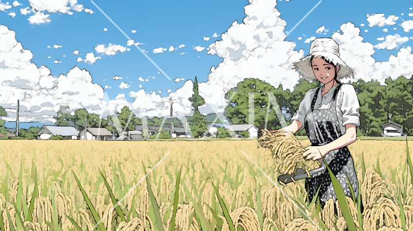 田んぼで農作業をしている女性