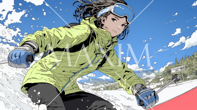 スキーを楽しんでいる若い女性