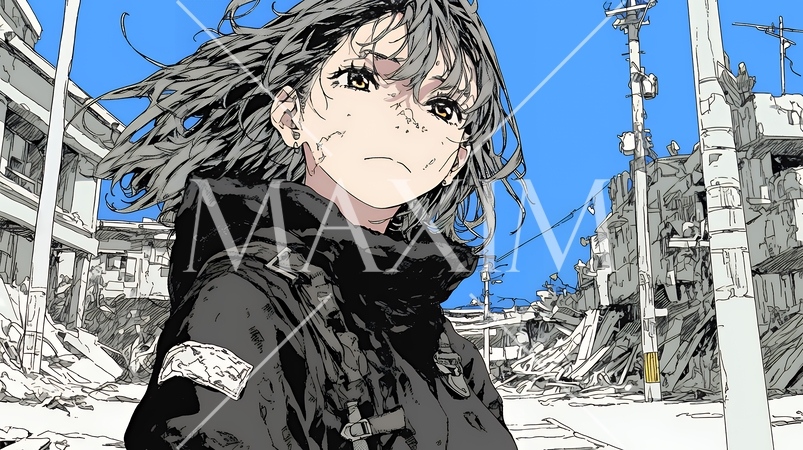 震災や空爆などで破壊された街で孤独に立ちすくむ若い女性