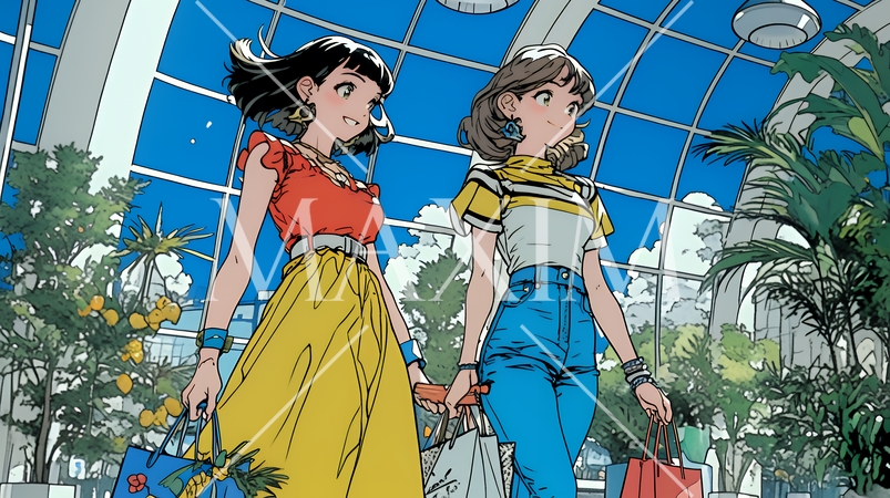 女友達と一緒にショッピングモールを歩き回る若い女性