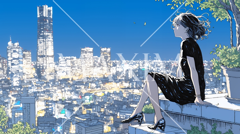 都市の夜景を眺めている女性