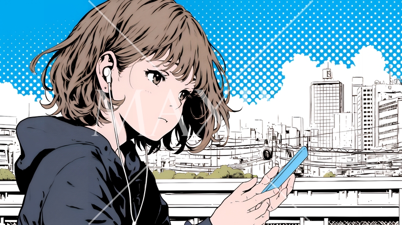 外出中にスマートフォンをいじくっている若い女性