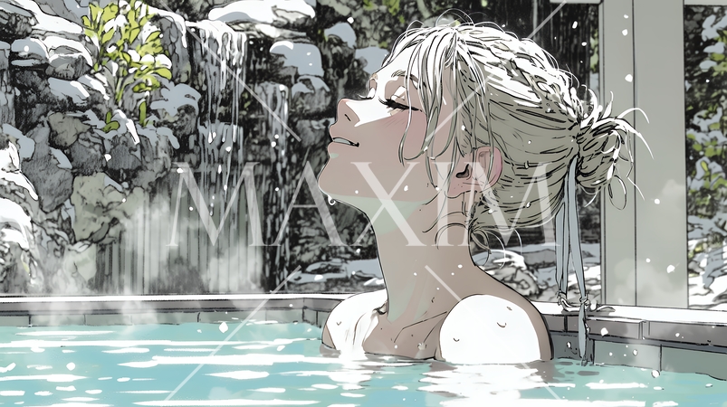 露天風呂に浸かっている若い女性