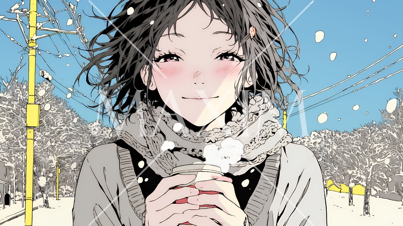 寒い冬、温かい飲み物を手にして、ふっと幸せそうに微笑む若い女性