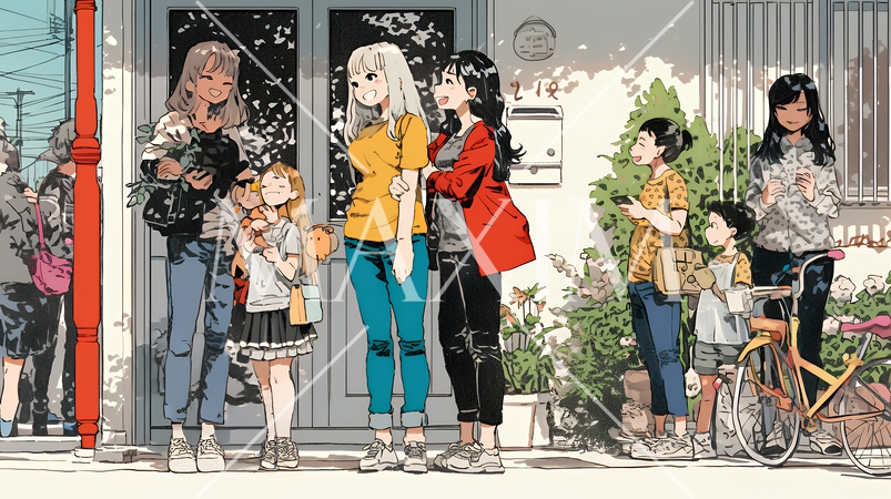 道端で会話を楽しむ若い主婦たち（ママ友たち）