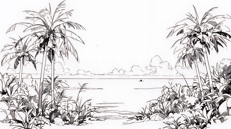 夏のビーチの風景（シンプルな色使い）