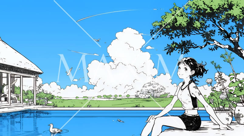 夏休みの思い出：海辺の町への一人旅（シンプルな色使い）