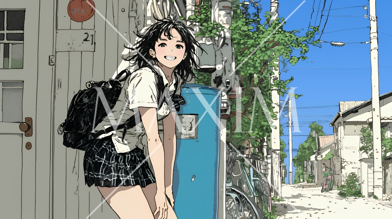 学校に遅れそうで道を急いでいる女子高生