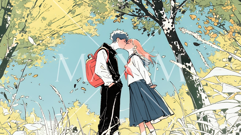 秋の紅葉の下でキスをしている若い恋人たち