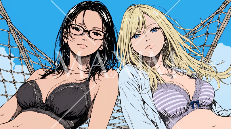 沖縄の青空の下、下着姿でハンモックで女友達といる若い女性