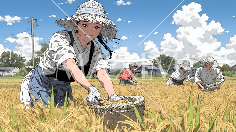 田んぼで農作業をしている女性