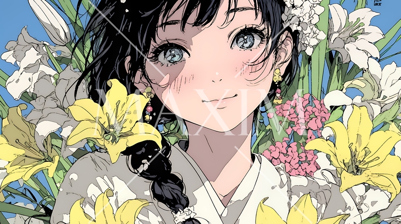 ユリの花と若い女性