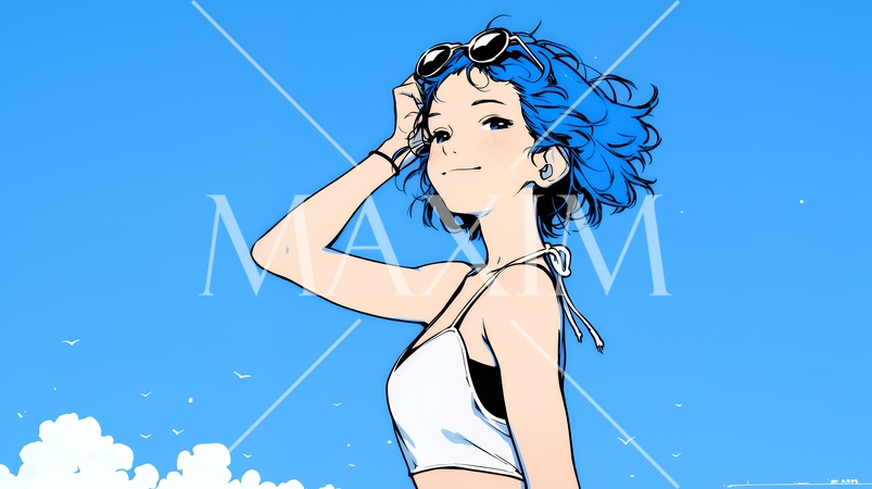 一人旅の若い女性と夏のビーチの風景（シンプルな色使い）