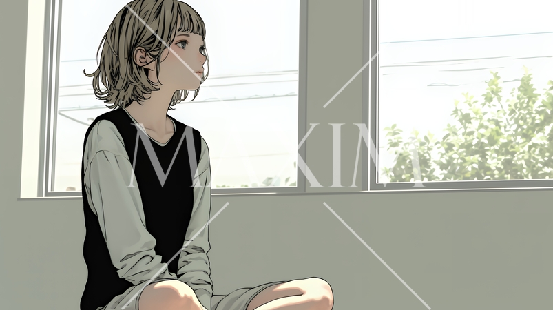 白い壁に向かって考え事をする若い女性