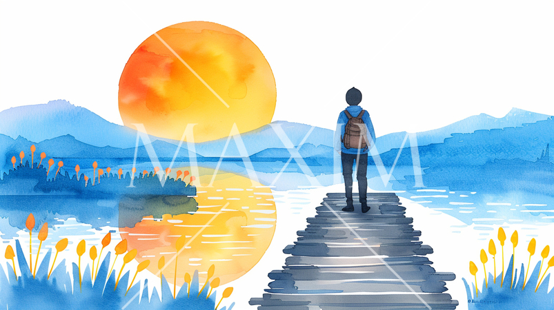 旅先の湖畔から眺める遠くの山に落ちる夕日