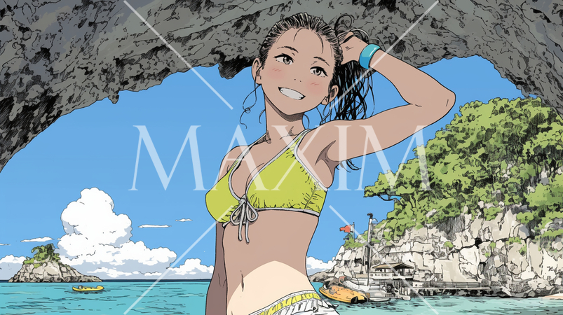 南国の海岸にビキニ姿でいる若い女性