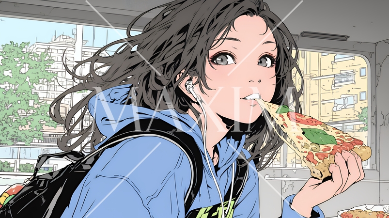 ピザを食べている若い女性