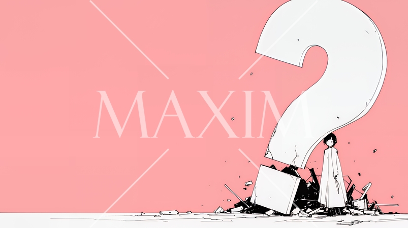 クエスチョンマークのある場面：頭の中にクエスチョンマークが生まれている（シンプルな色使い）