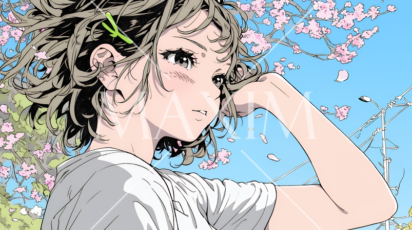 満開の桜の下、春風に乱れた髪を整える若い女性