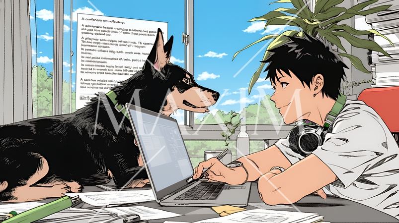 自宅でのリモートワークの場面：ペットのイヌと奮闘中