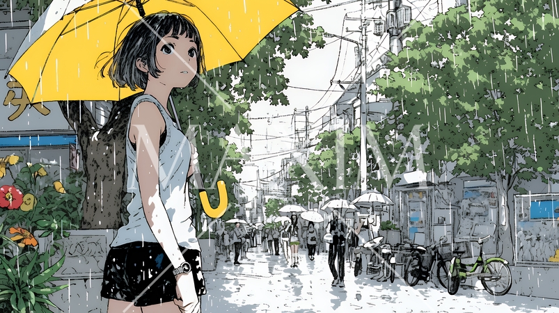 雨の日に傘をさして歩く若い女性