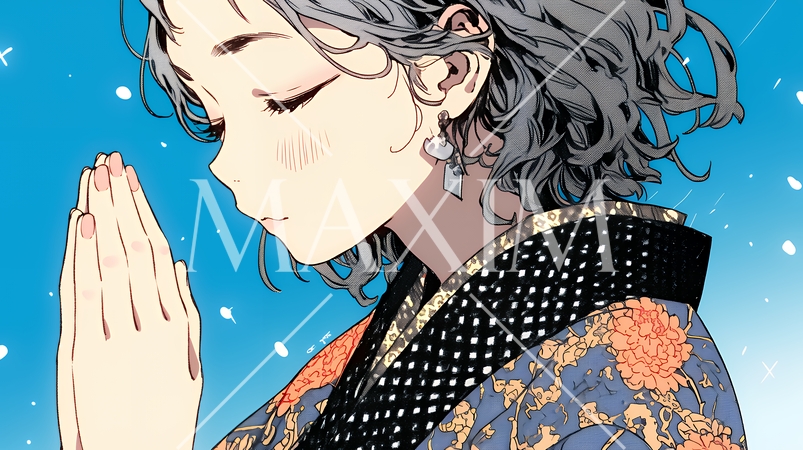 手を合わせてお祈りをしている和服姿の若い女性