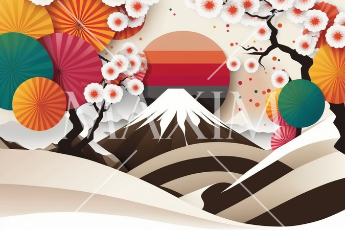 年賀状の図版：富士山、初日の出、梅、松、松竹梅